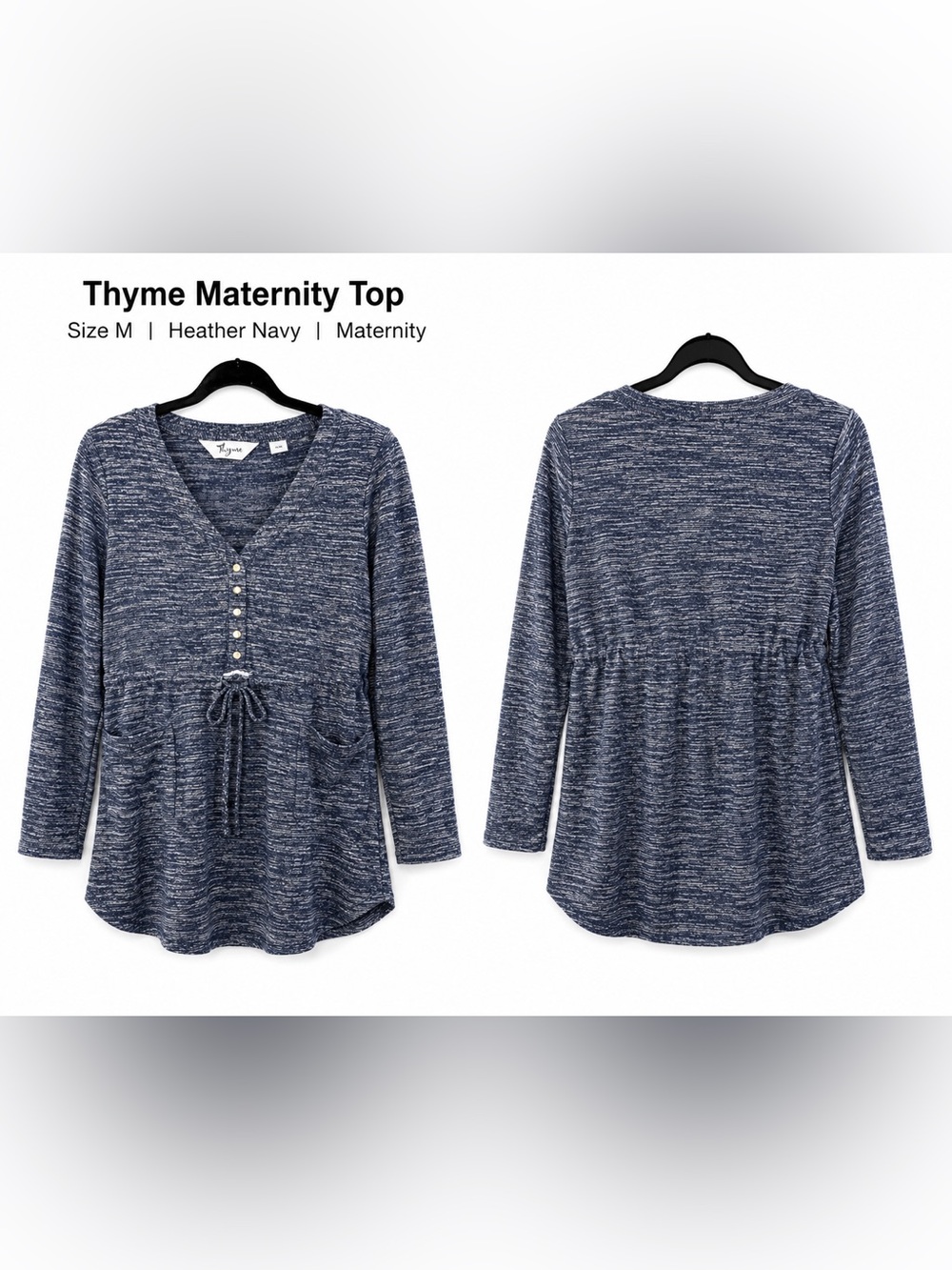 Heather Navy Maternity Henley Top with Drawstring